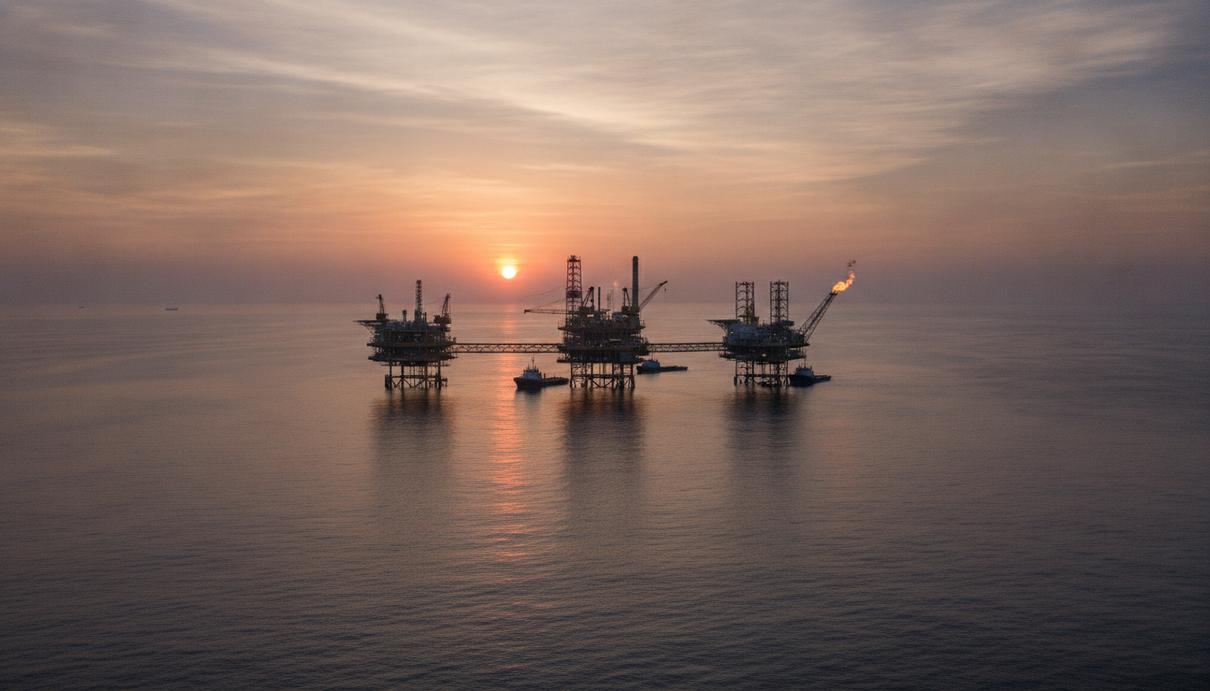 Кот-д'Ивуар ускоряет разработку шельфа с участием Eni и Petrobras Морская нефтегазовая платформа на шельфе у побережья Западной Африки на рассвете.