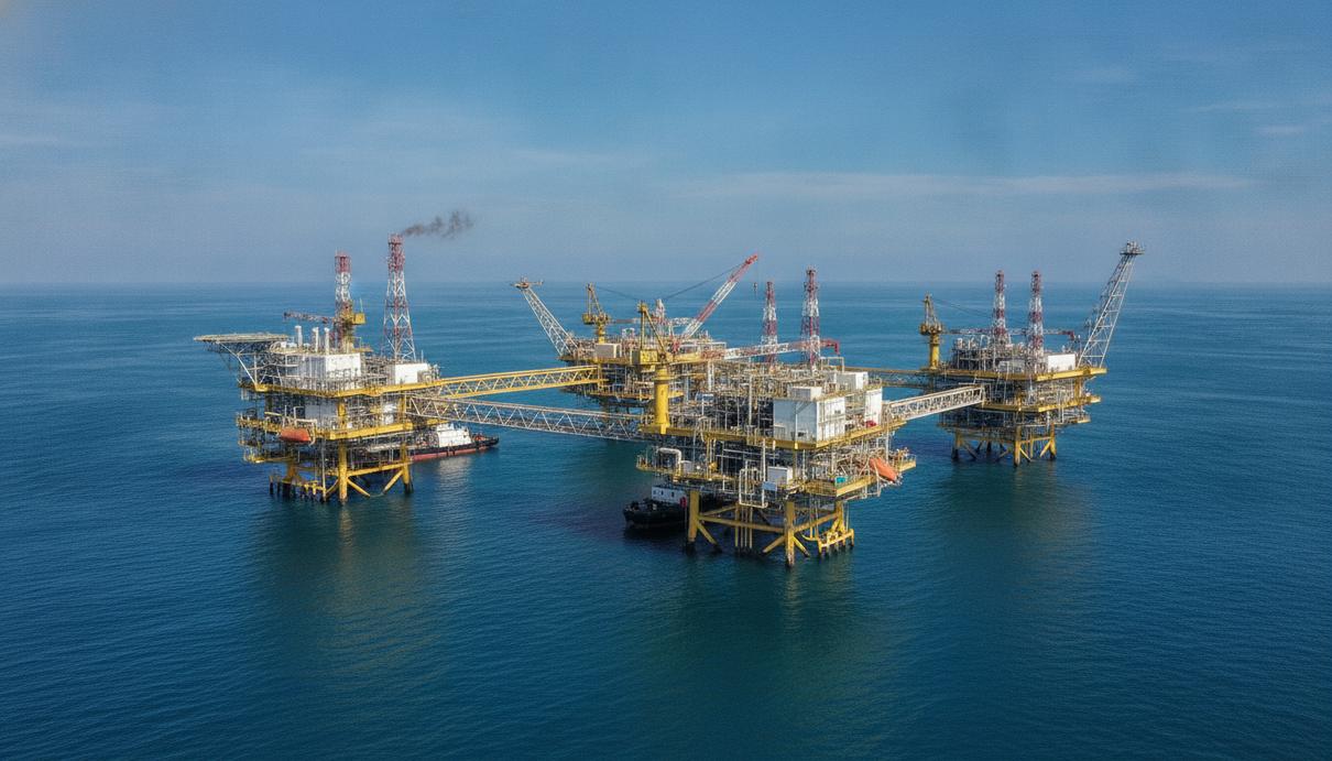 Perenco согласовала поставки газа с нового проекта во Вьетнаме Морская платформа для добычи природного газа в Южно-Китайском море на фоне ясного неба и спокойной воды.