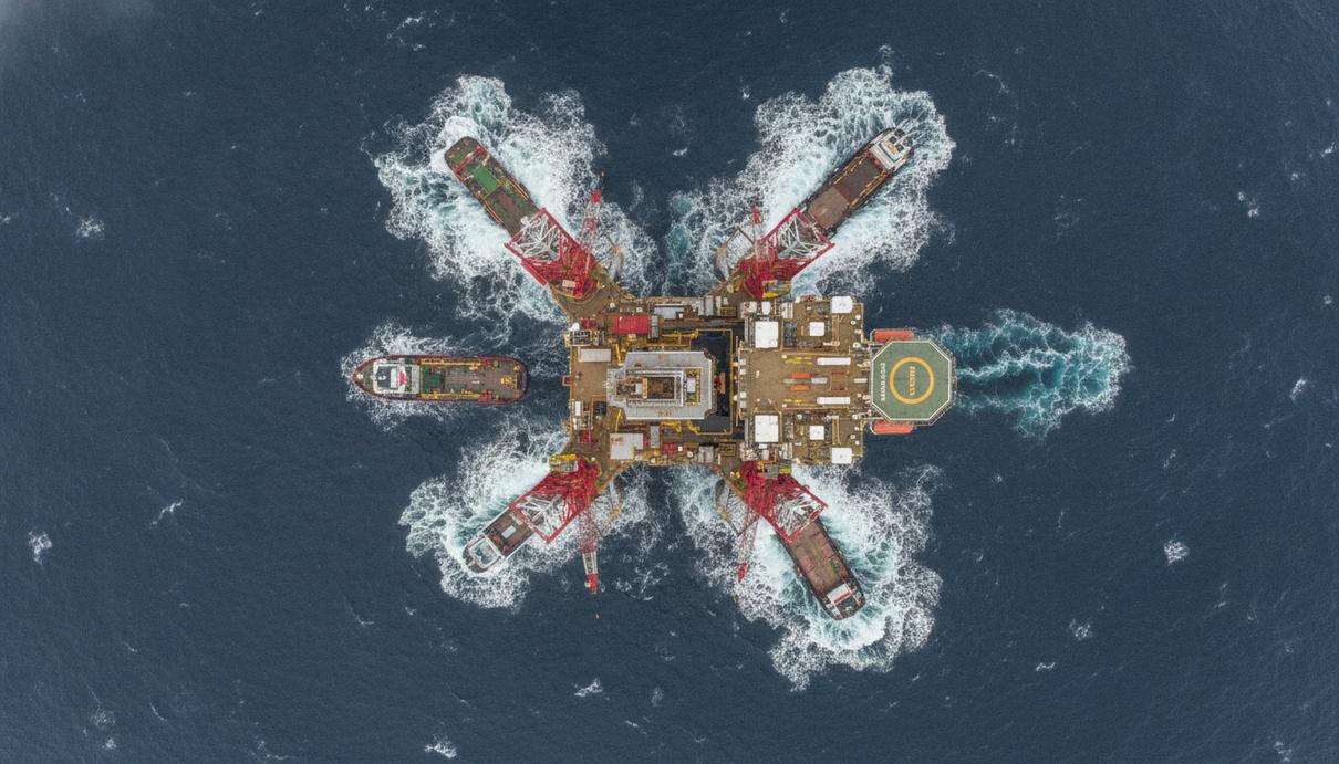 Полупогружная буровая установка Deepsea Yantai в норвежском секторе Северного моря в пасмурную погоду.