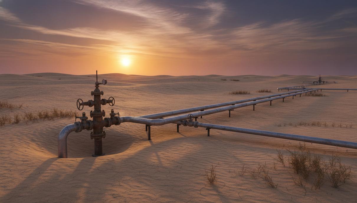 Dana Gas наращивает инвестиции в Египте после погашения долгов Каиром Газовая скважина и элементы трубопровода в пустынном ландшафте дельты Нила в Египте на рассвете.