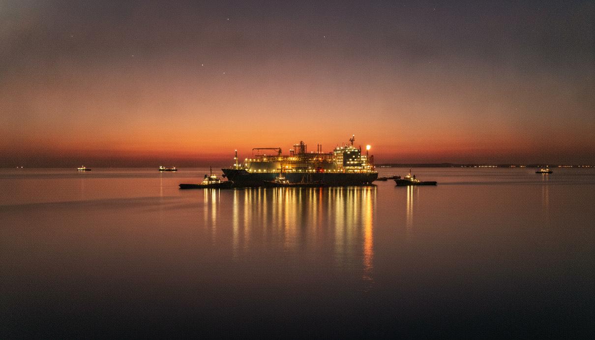 Плавучий завод по сжижению природного газа (FLNG) в море у побережья Центральной Африки на закате.