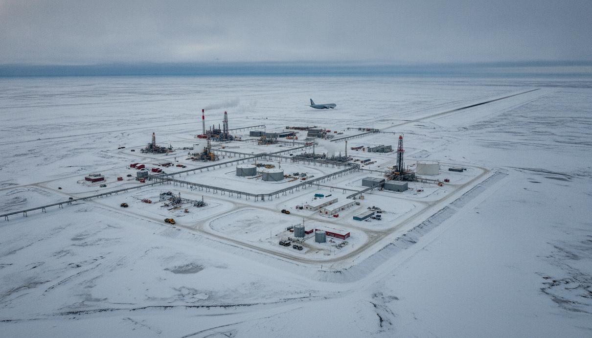 Нефтепромысловый комплекс и трубопроводы на заснеженной равнине арктической тундры на Аляске.