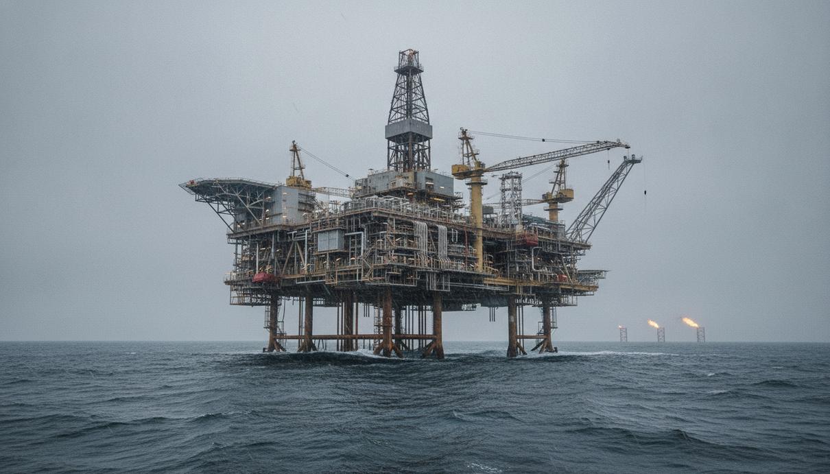 Морская нефтегазовая платформа в Северном море. Вид с уровня воды на сложное инженерное сооружение в пасмурную погоду.