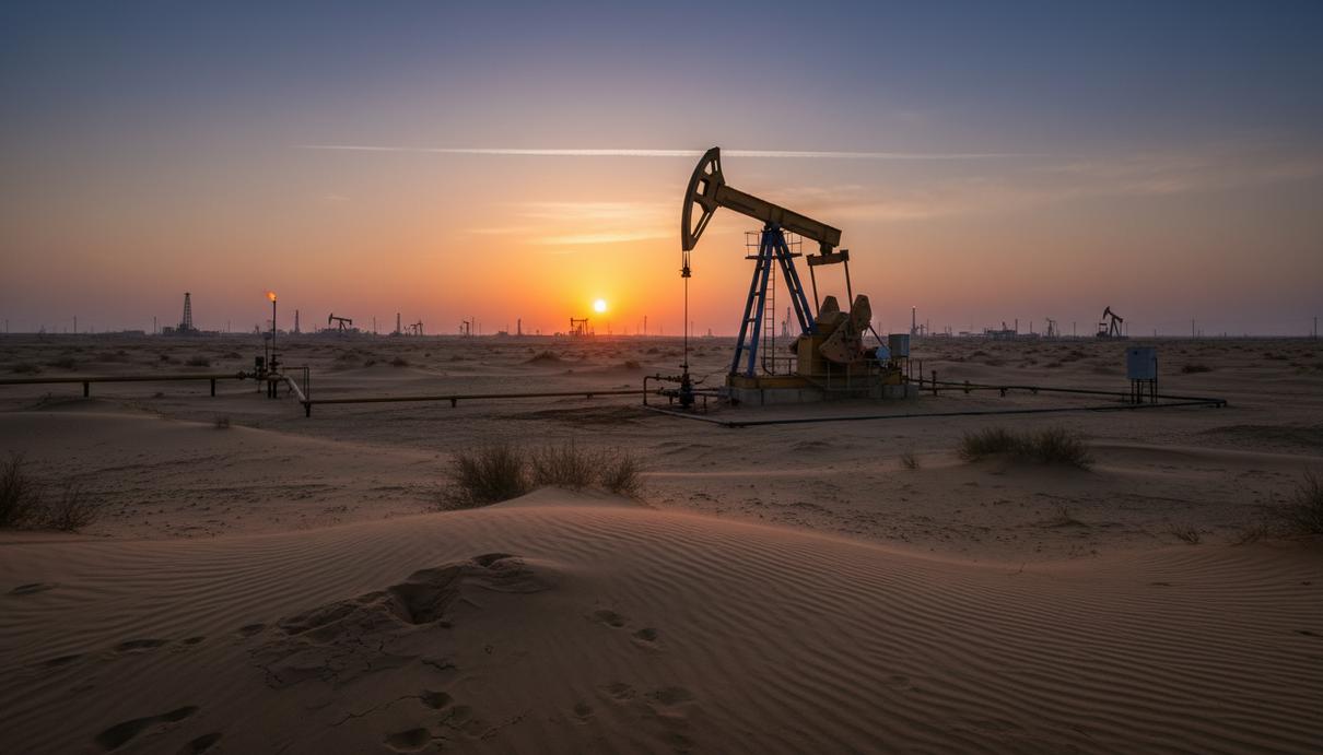 Нефтяная вышка-качалка в пустыне на юге Ирака на рассвете, на фоне простирается засушливый пейзаж.