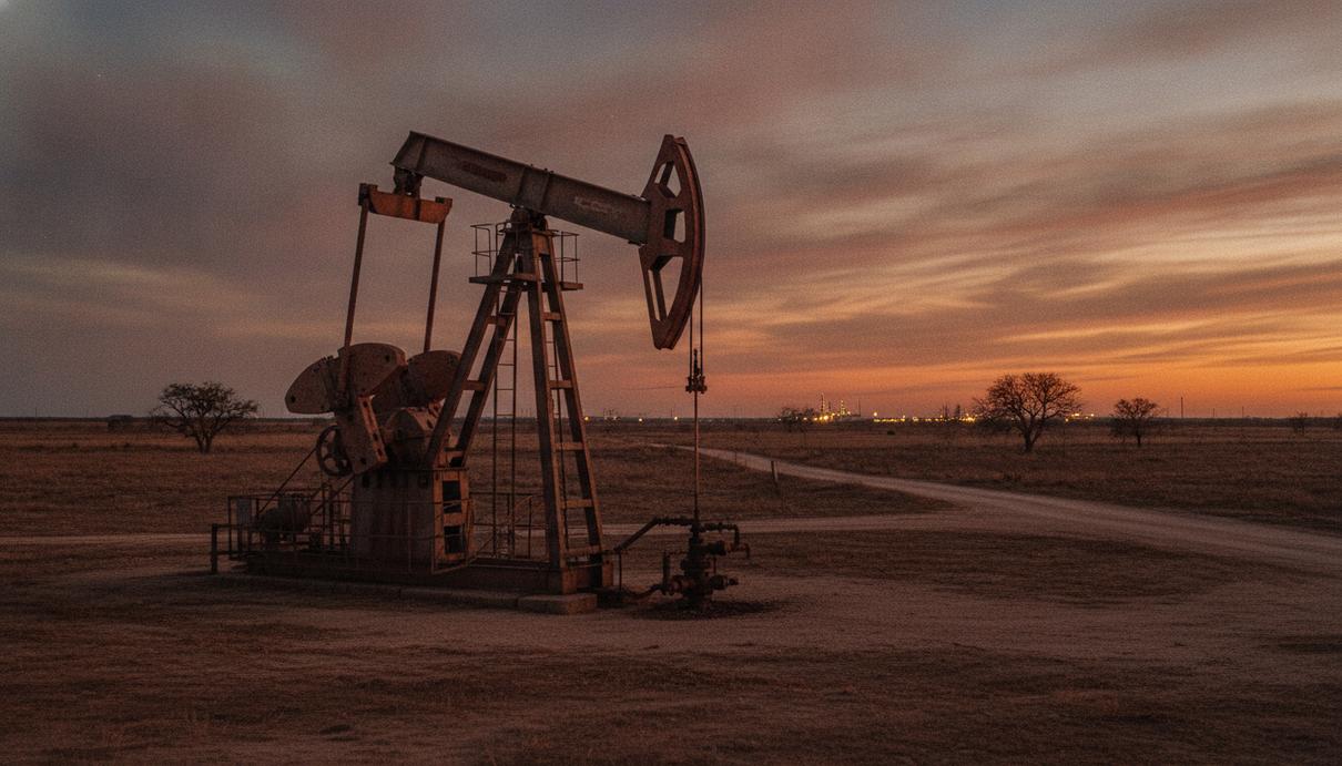 Старый нефтяной насос-качалка в сухом степном пейзаже Техаса на закате. Промышленный объект на месторождении.