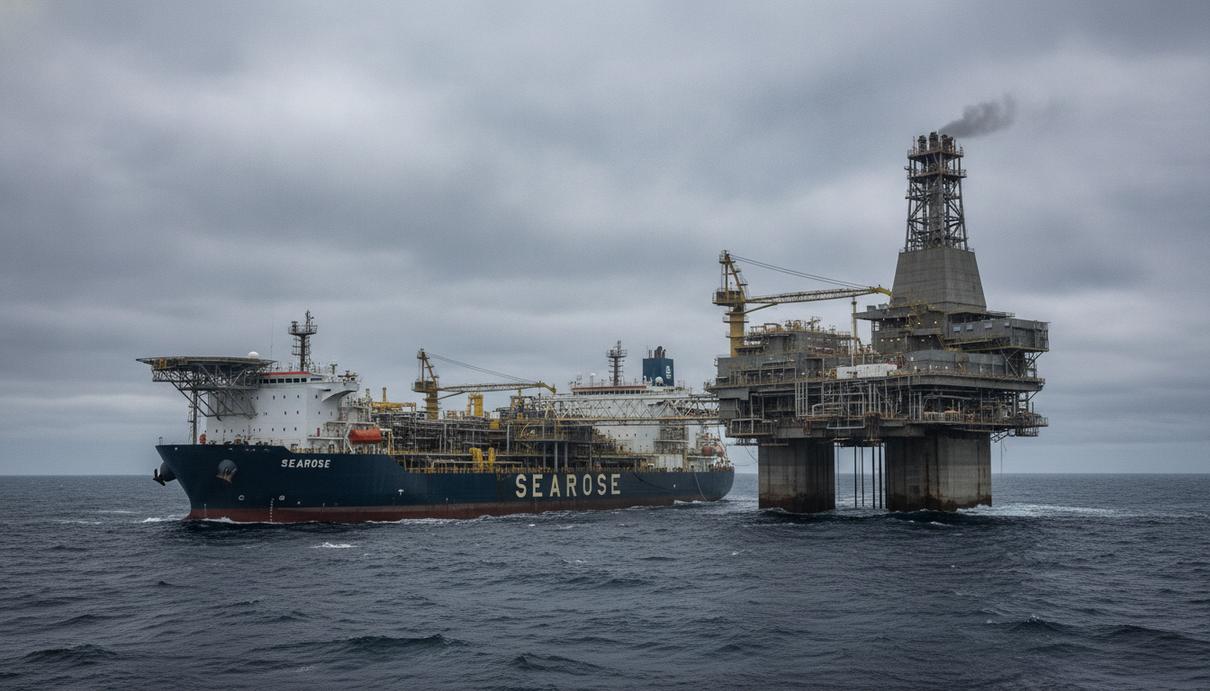 Плавучая установка SeaRose и нефтедобывающая платформа West White Rose в море у побережья Канады при пасмурной погоде.