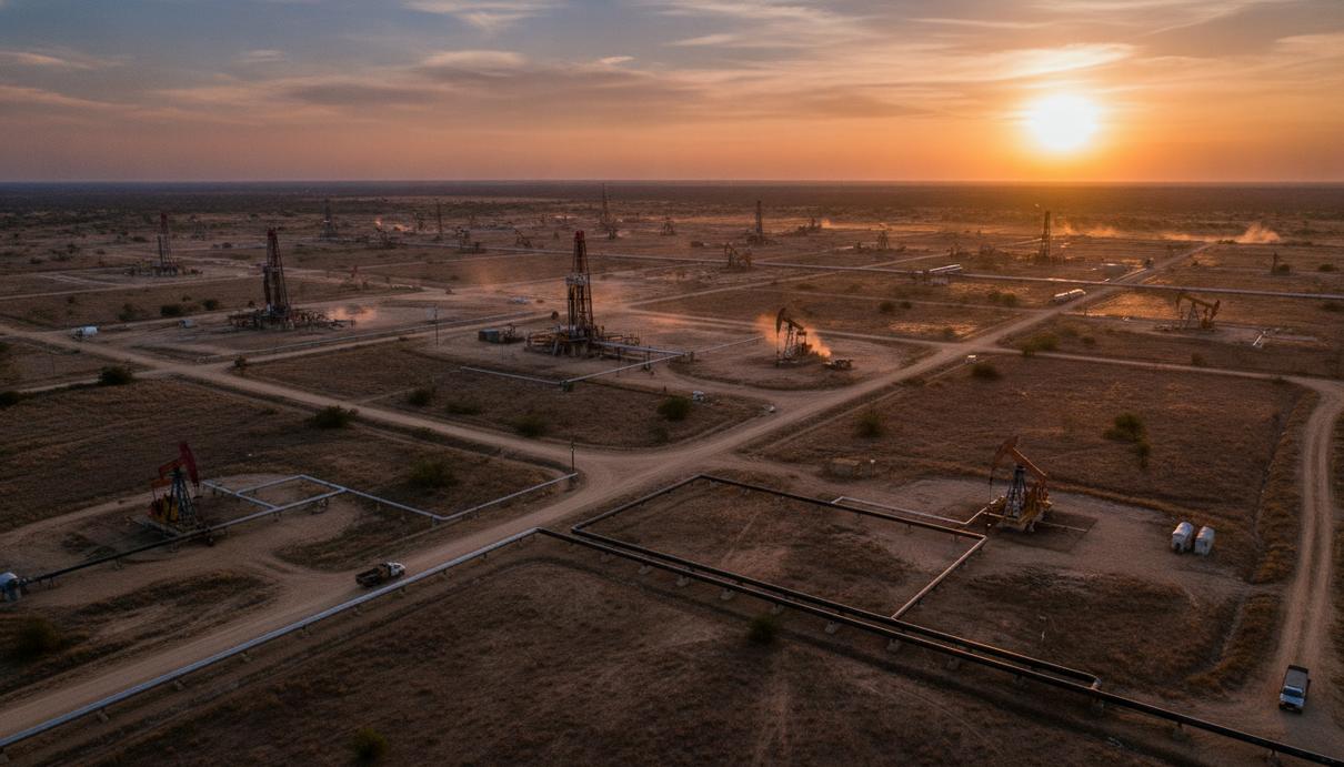 Нефтяные вышки и насосы-качалки на месторождении в сланцевом бассейне Eagle Ford на рассвете, Южный Техас.