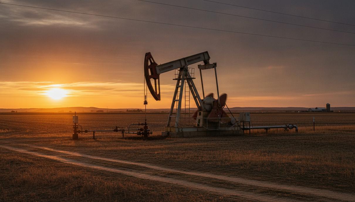 Нефтяной насос-качалка на месторождении в поле на закате, среднеконтинентальный регион США.