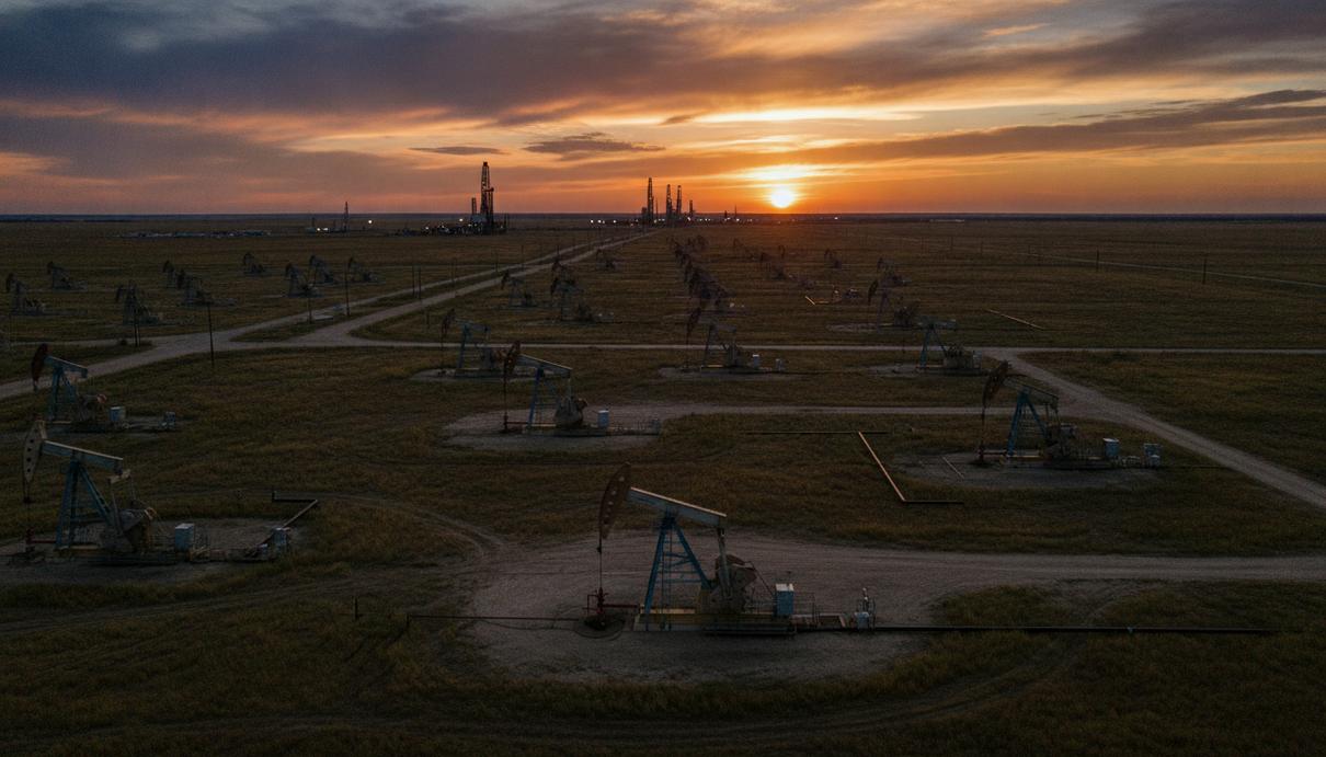 Нефтяные вышки-качалки на месторождении в американском регионе Mid-Continent на фоне закатного неба.