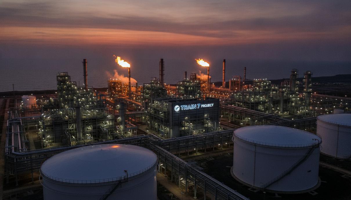Крупный завод по сжижению природного газа на острове Бонни в Нигерии: промышленные установки, трубопроводы и резервуары в вечернем освещении.