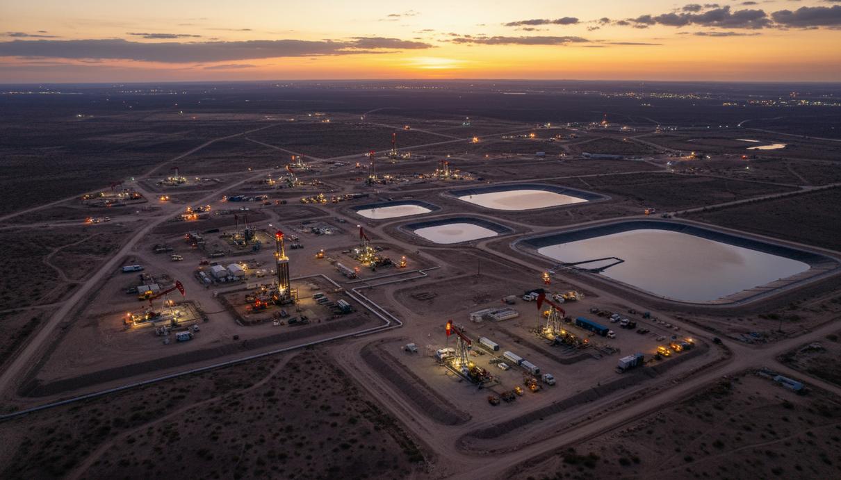 Нефтегазовое месторождение сланцевой нефти в США с высоты птичьего полета. Видны буровые площадки, оборудование для ГРП и резервуары для воды.