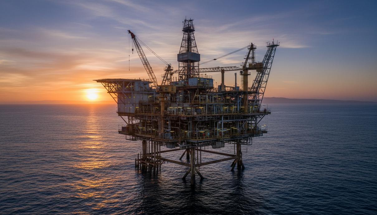 Морская нефтедобывающая платформа в Тихом океане у побережья Калифорнии на закате.