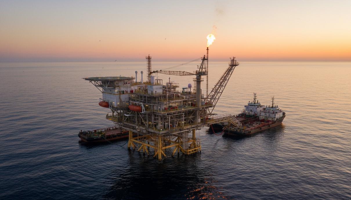 Морская нефтегазовая платформа в океане на рассвете, вид на промышленные конструкции и вертолетную площадку.