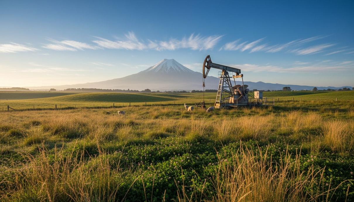 Sunda Energy завершает сделку в Новой Зеландии на фоне проблем в Тимор-Лесте Нефтяная качалка на фоне зеленых холмов и горы Таранаки в Новой Зеландии на рассвете.