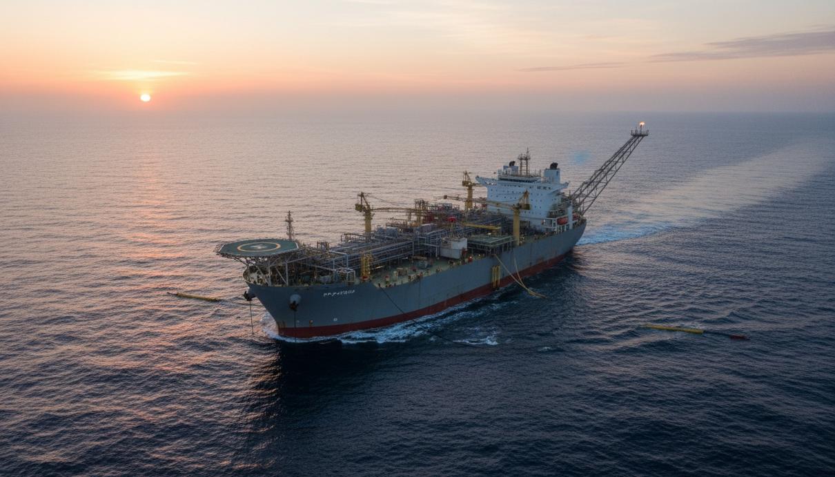 Плавучая установка для добычи, хранения и отгрузки нефти P-79 на месторождении Бузиос в бассейне Сантос у берегов Бразилии.