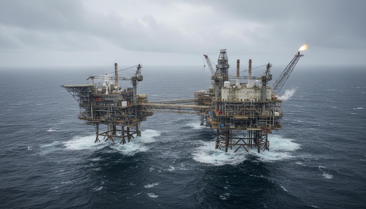 Морская нефтегазовая платформа в Северном море в пасмурную погоду, вид с воздуха.