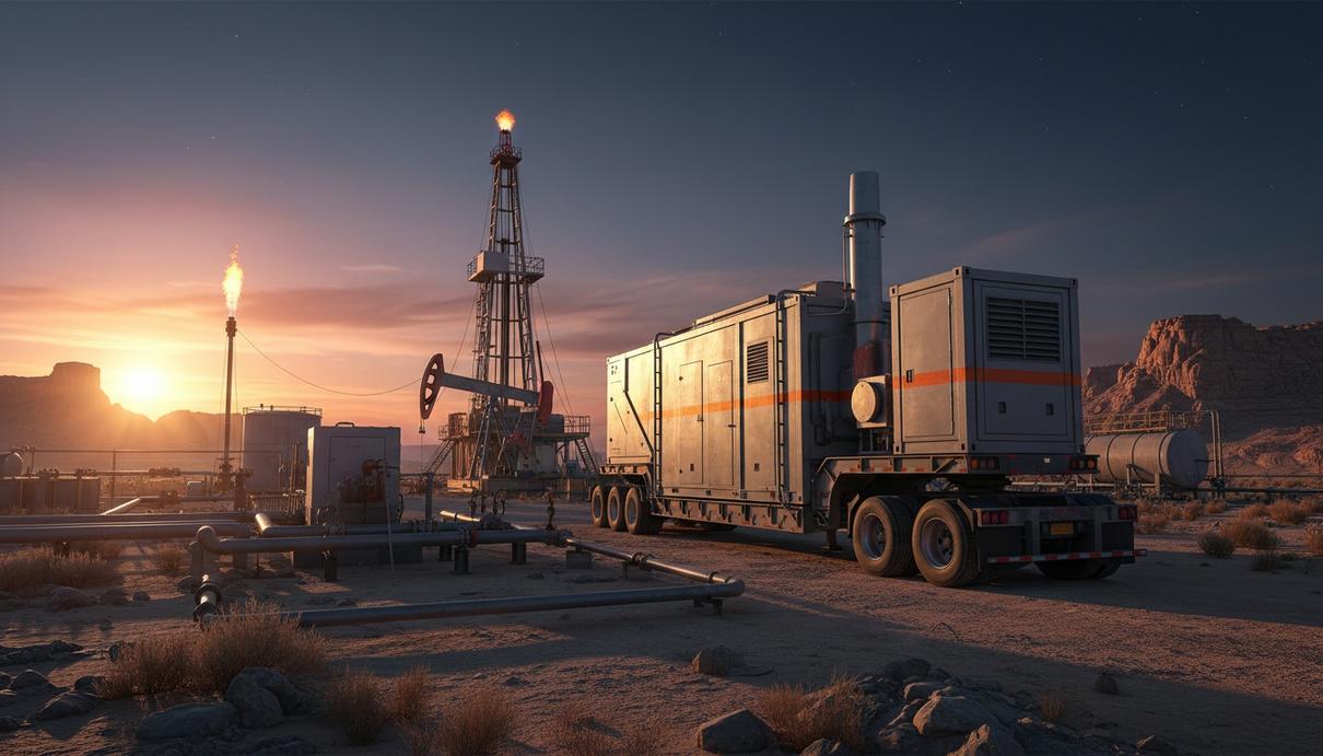 Baker Hughes поставит 76 турбин для мобильных энергоблоков в Северной Америке Мобильный газотурбинный энергоблок на полуприцепе, установленный рядом с нефтегазовым оборудованием в пустынной местности.