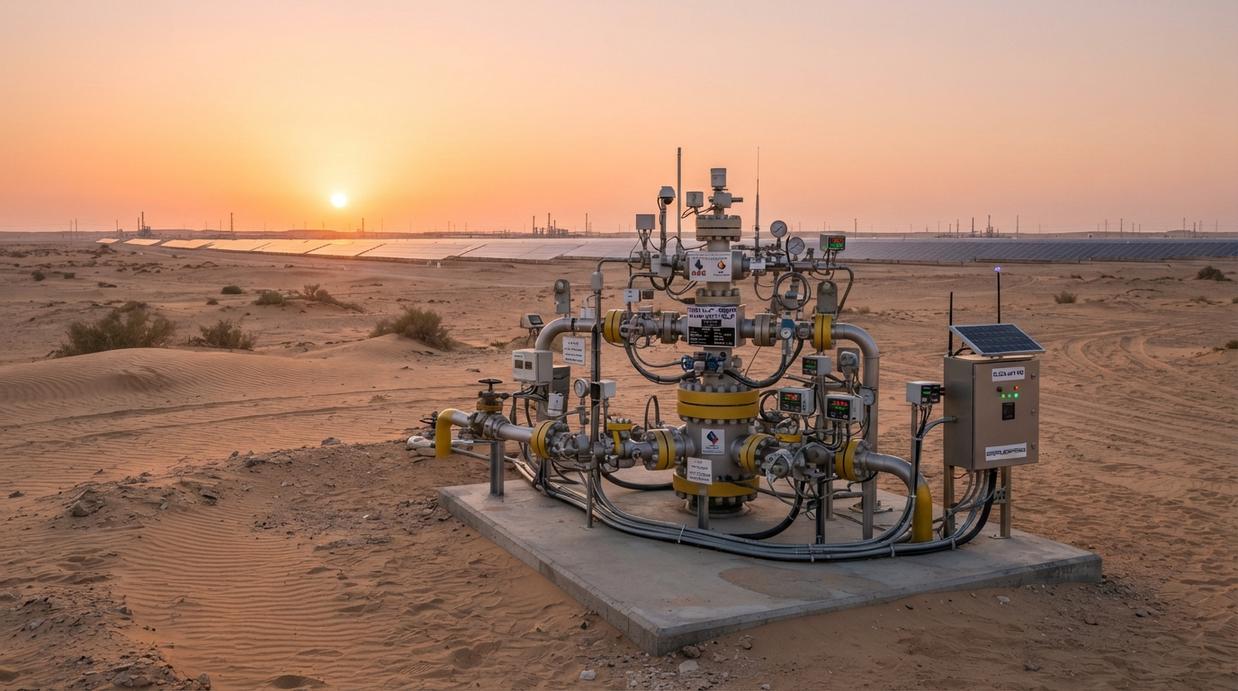 Современное оборудование для добычи нефти и газа с датчиками и блоками управления в пустыне Кувейта на рассвете.