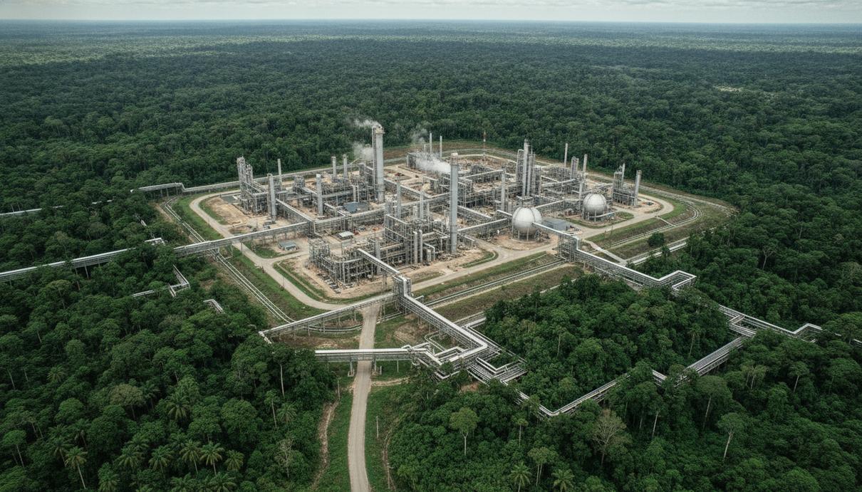 NG Energy наращивает добычу и газотранспортные мощности в Колумбии Газоперерабатывающая установка и трубопроводы в густых джунглях Колумбии, вид с воздуха.