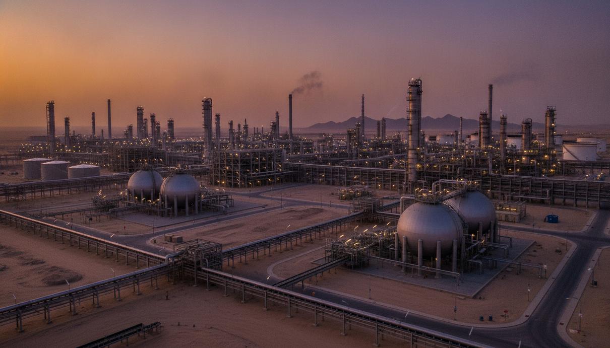 Крупный нефтеперерабатывающий или химический завод в пустыне на закате, с комплексом трубопроводов и резервуаров для хранения.