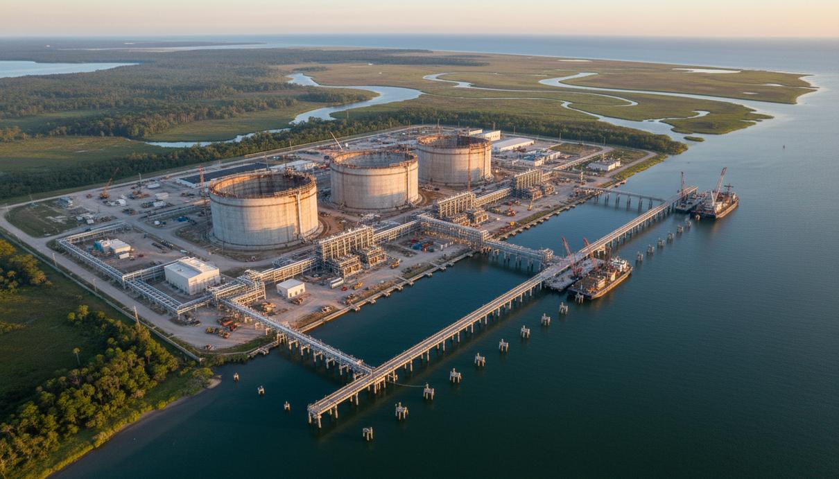 Промышленный комплекс СПГ-терминала с резервуарами и причалом на побережье Мексиканского залива в Порт-Фуршоне.