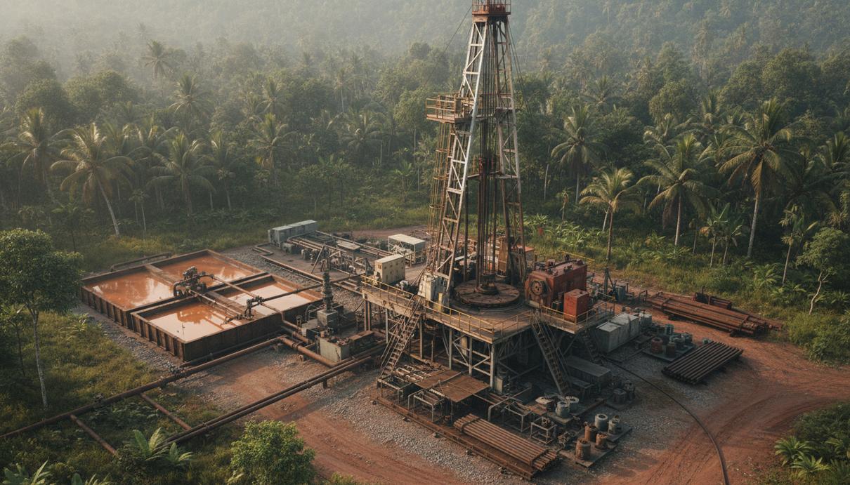 Наземная буровая установка для добычи нефти на месторождении Крух в Индонезии в окружении тропических джунглей.