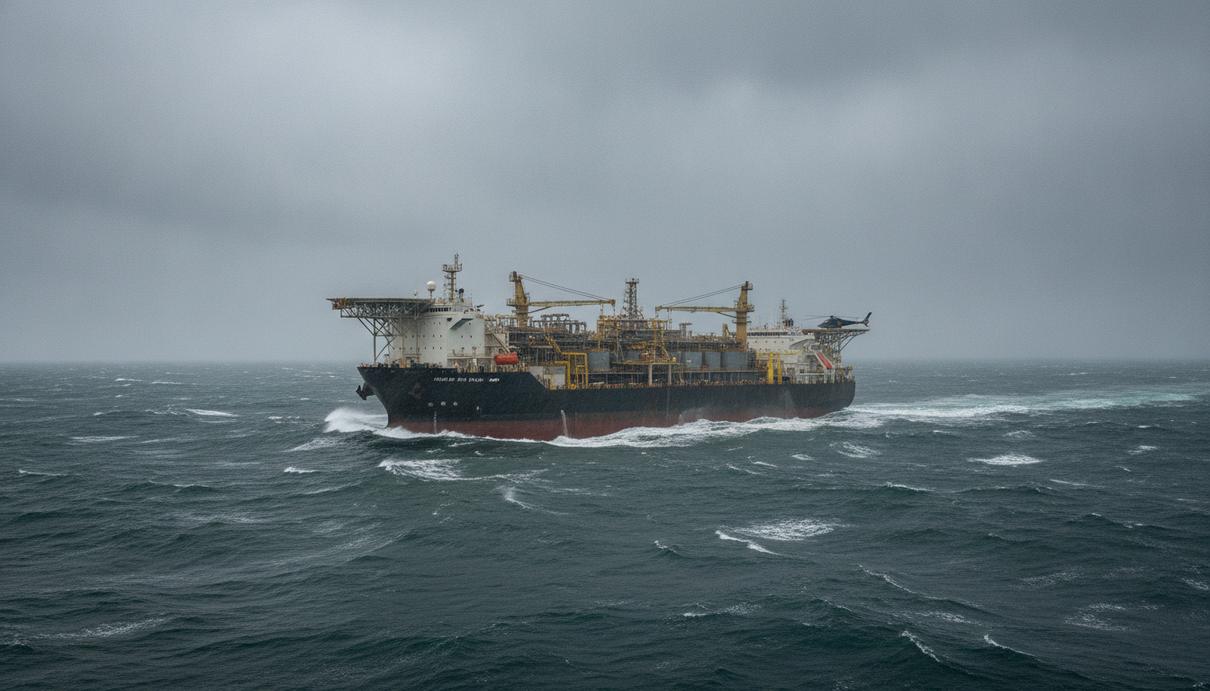 Плавучая установка для добычи, хранения и отгрузки нефти (FPSO) в открытом море у побережья Канады в пасмурную погоду.