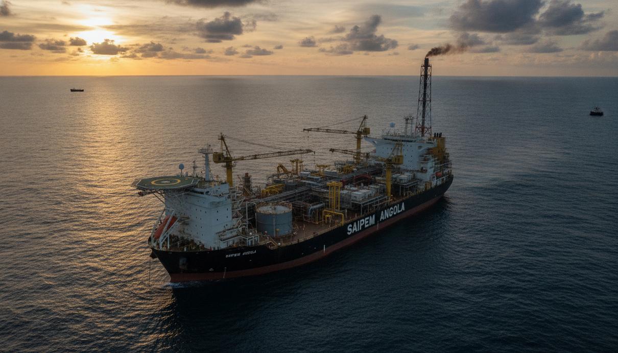 Плавучая установка для добычи, хранения и отгрузки нефти (FPSO) на шельфовом месторождении у побережья Анголы.