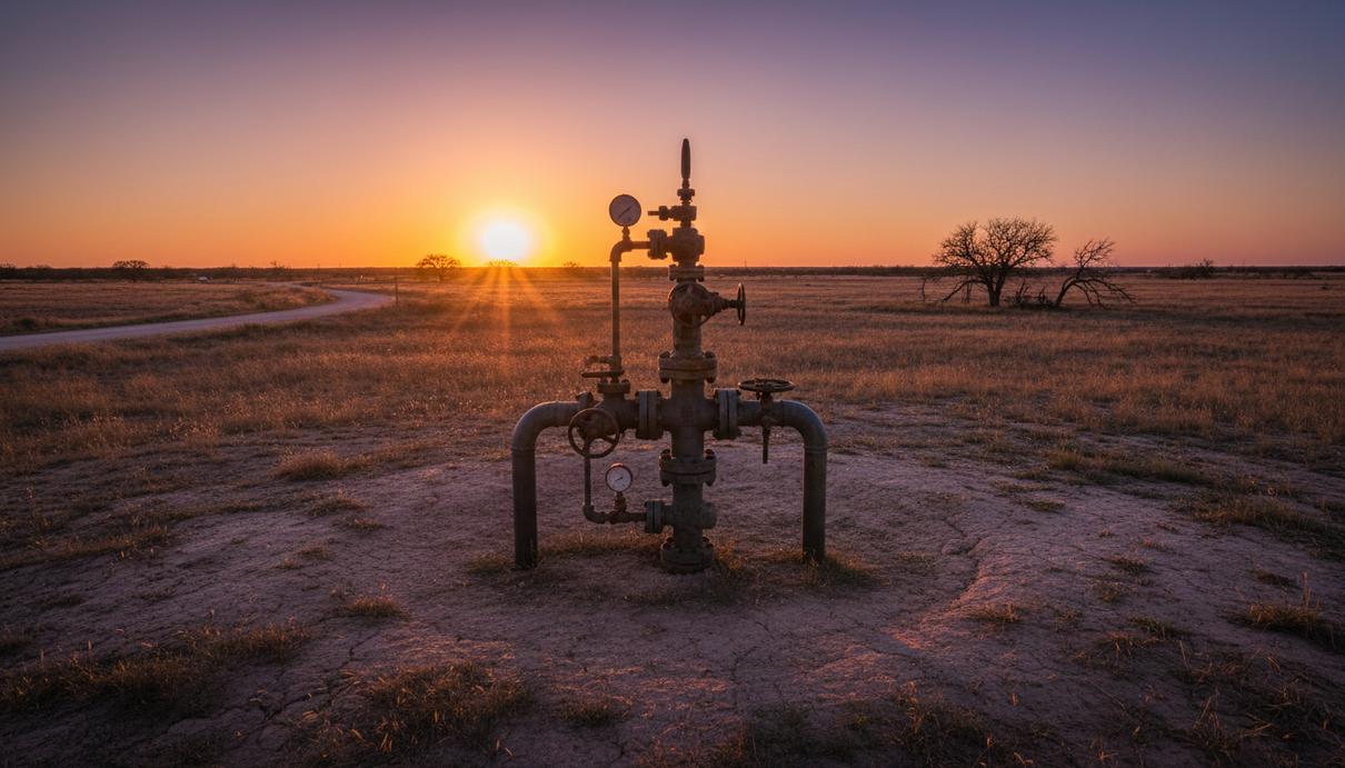 Marubeni купила третьего по величине добытчика на Barnett Shale в США Газовая скважина с арматурой и трубами на месторождении Barnett Shale в Северном Техасе на фоне заката.