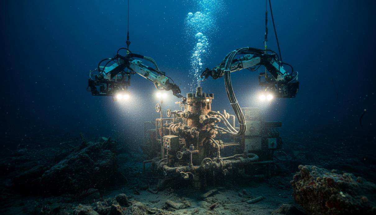 Oceaneering получила четырехлетний контракт от Petrobras в Бразилии Подводный робот-манипулятор с включенными прожекторами работает с нефтегазовым оборудованием на морском дне.