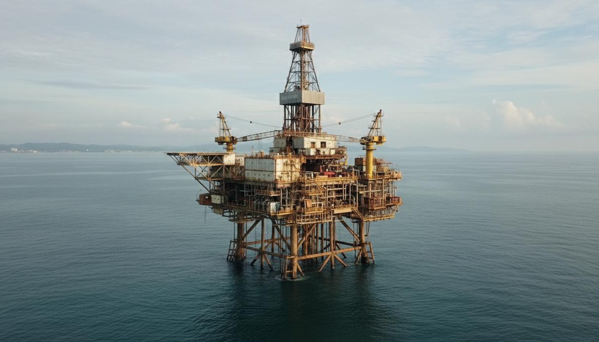 Глубоководная нефтегазовая буровая платформа в открытом море у побережья Индонезии. Вид на конструкцию установки.