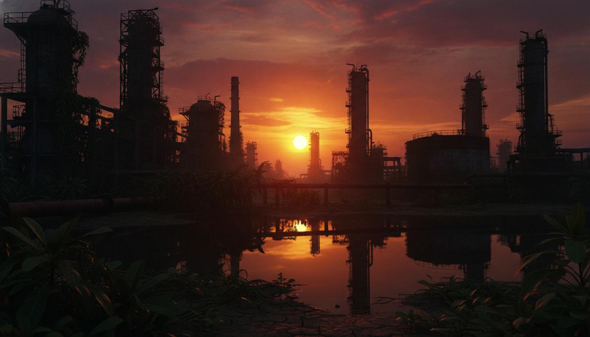 Старый заброшенный нефтеперерабатывающий завод в Венесуэле на закате. Ржавые трубы и промышленные вышки, заросшие растительностью.