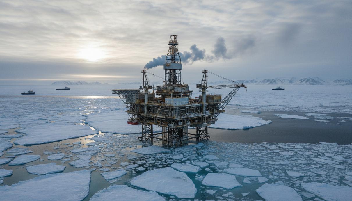 Морская нефтегазовая платформа в Арктике, работающая посреди ледяных полей. Вид на промышленный объект в замерзшем море.