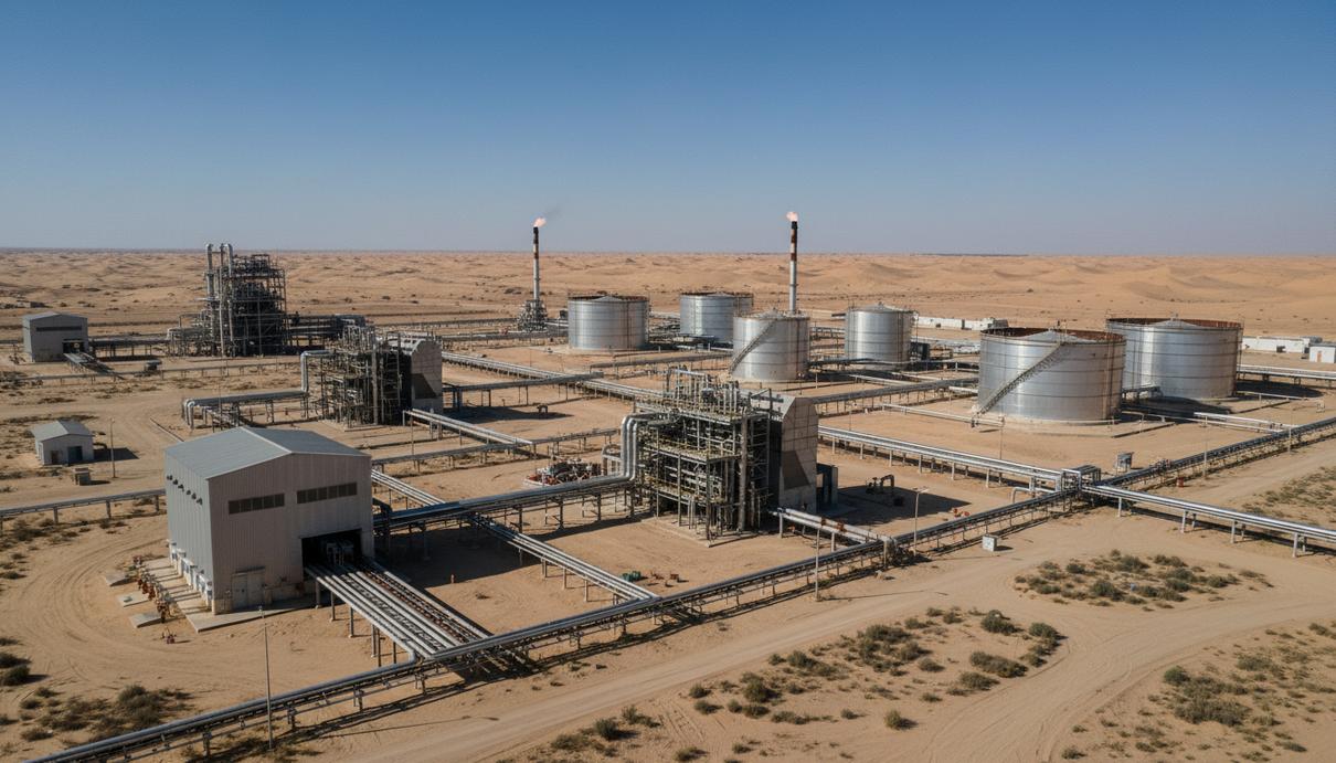 Современный нефтегазовый комплекс с трубопроводами и резервуарами для хранения в засушливой местности Индии.