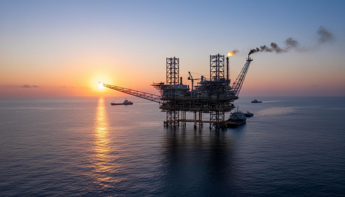 Морская нефтегазовая платформа в океане на рассвете. Промышленный объект, вид с воды на фоне восходящего солнца.