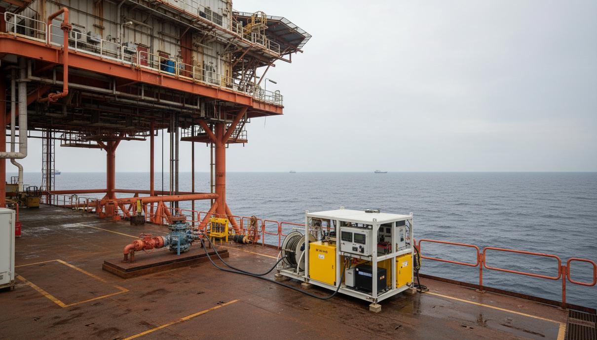 Компактная система для ремонта скважин на палубе старой морской нефтедобывающей платформы в Юго-Восточной Азии.