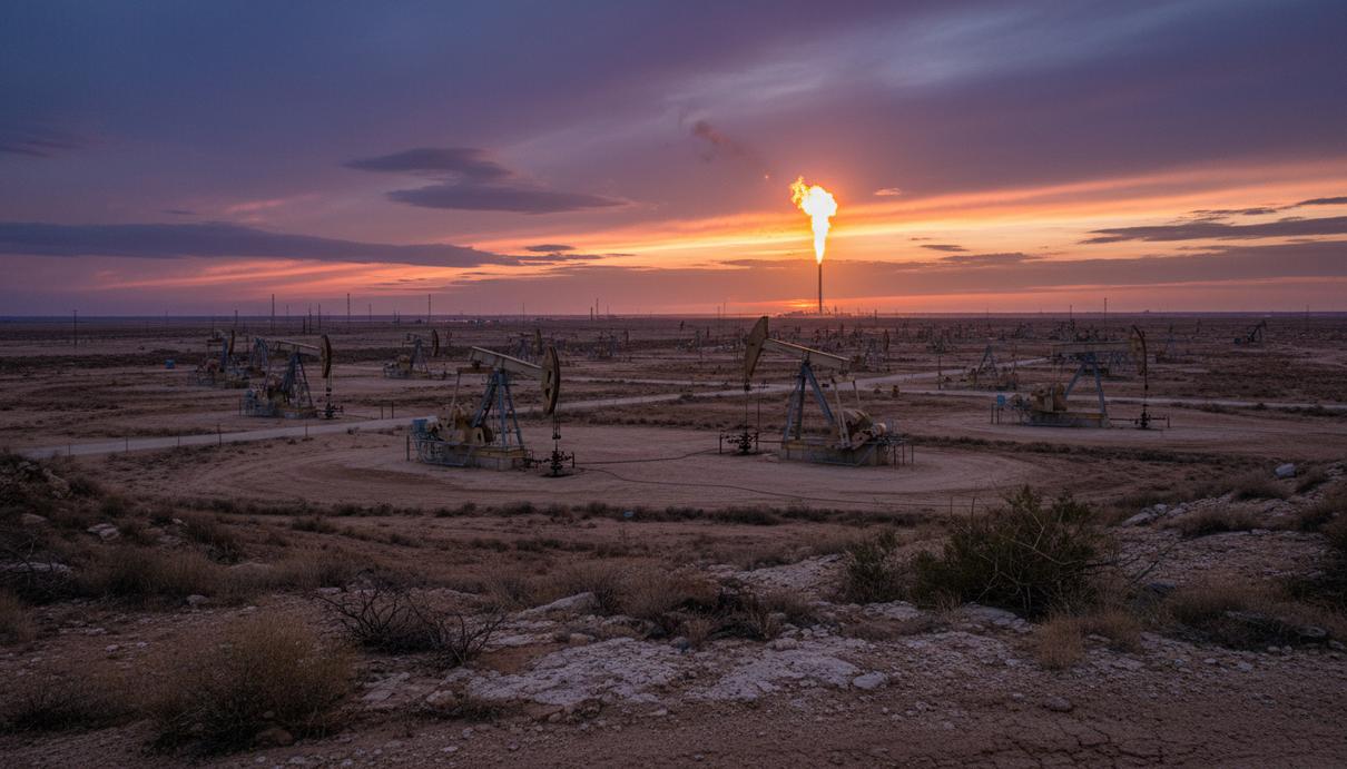 Нефтегазовое месторождение в Пермском бассейне на закате. Нефтяные вышки-качалки и газовый факел на фоне пустынного пейзажа.