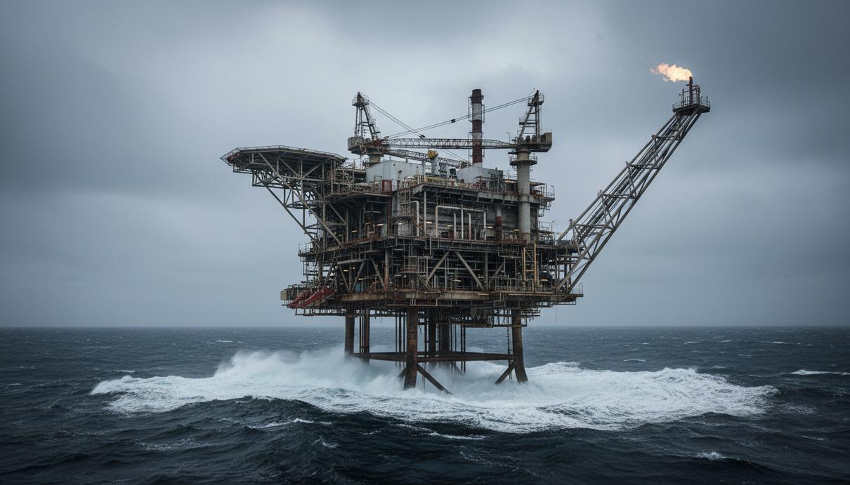 Нефтегазовая платформа в Северном море в пасмурную погоду. Металлическая конструкция на фоне неспокойного моря.