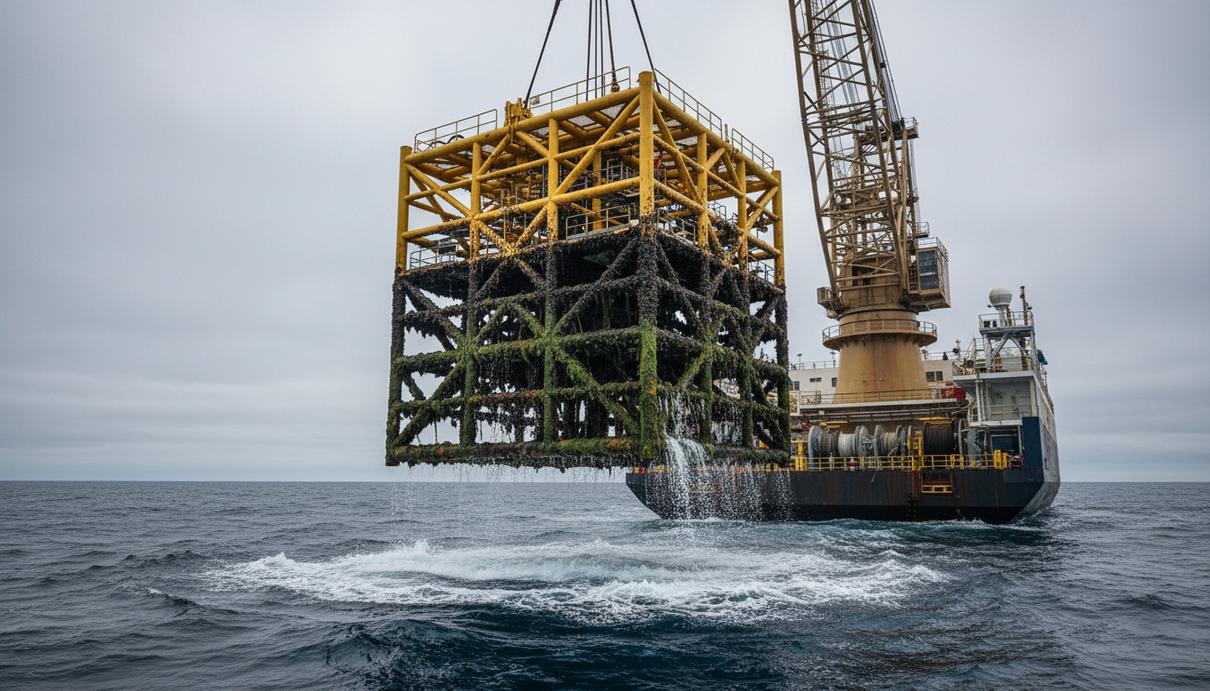 Кран на морском строительном судне поднимает из воды крупную стальную конструкцию, покрытую морскими обрастаниями, на фоне пасмурного неба.