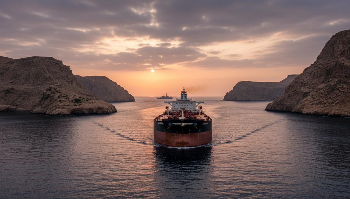 Нефтяной танкер проходит через узкий Ормузский пролив на фоне скалистых берегов. На горизонте виден военный корабль.