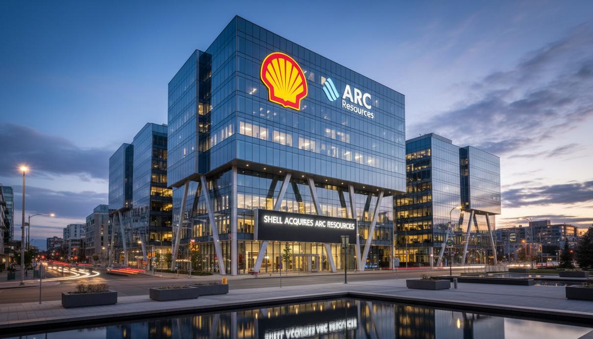 Современный стеклянный небоскреб с логотипами компаний Shell и ARC Resources на фасаде в вечернее время.