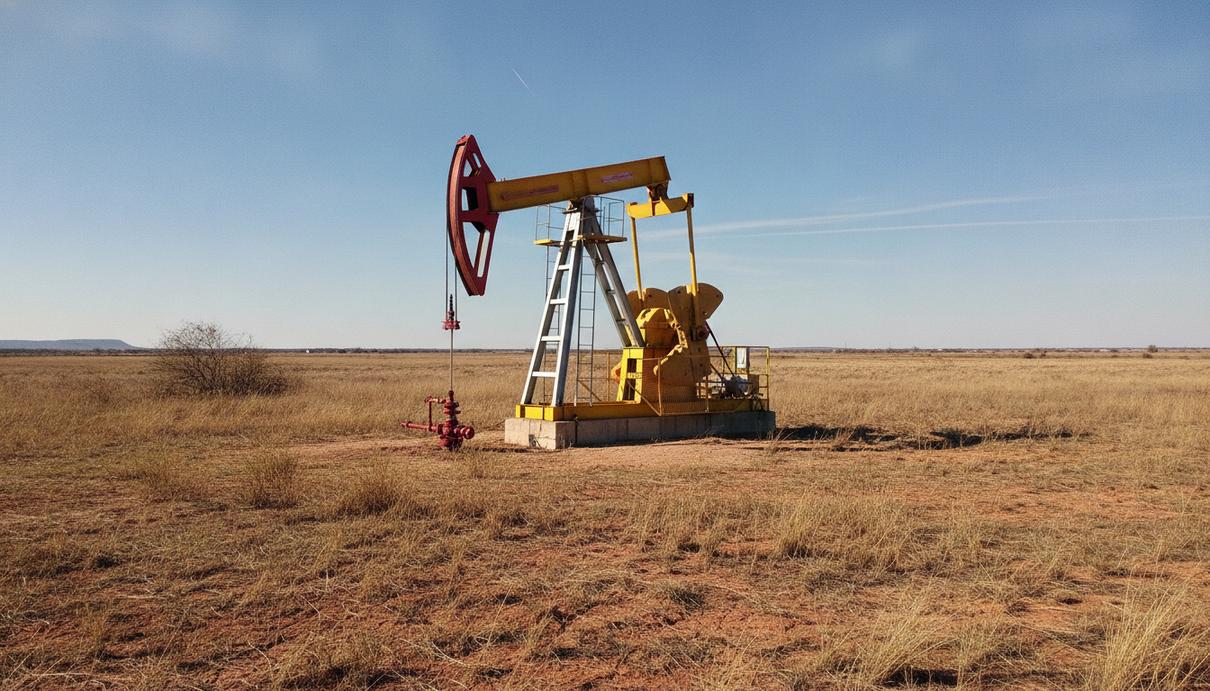 Нефтяная качалка на месторождении в Восточном Техасе. Современное оборудование работает в поле под ясным небом.