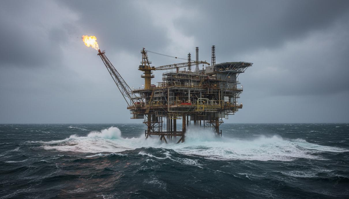 Крупная морская нефтегазовая платформа в Северном море в пасмурную погоду, мощные волны бьются об опоры сооружения.