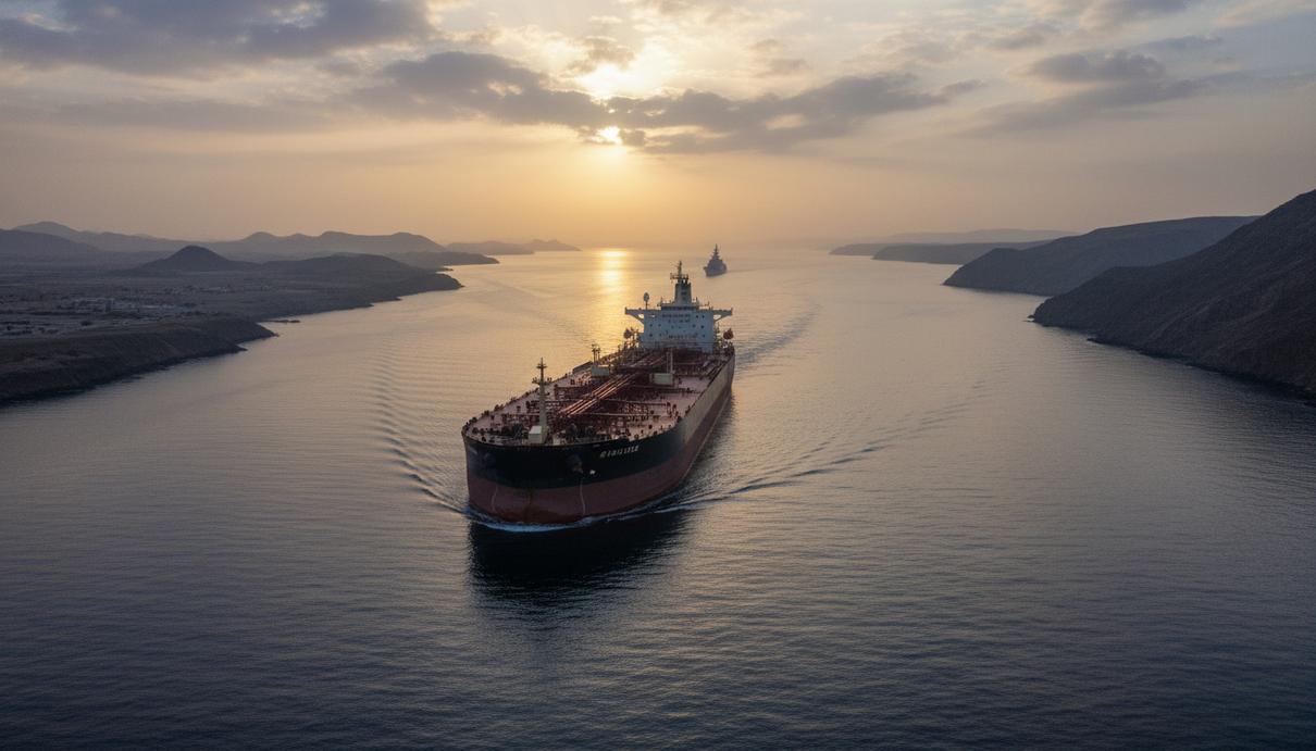 Нефтяной танкер проходит через Ормузский пролив на рассвете, на горизонте виден силуэт военного корабля.