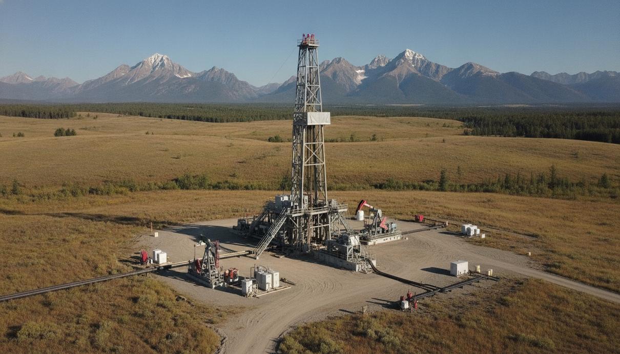 Современная буровая вышка для добычи нефти в поле на фоне холмов и предгорий канадских Скалистых гор.