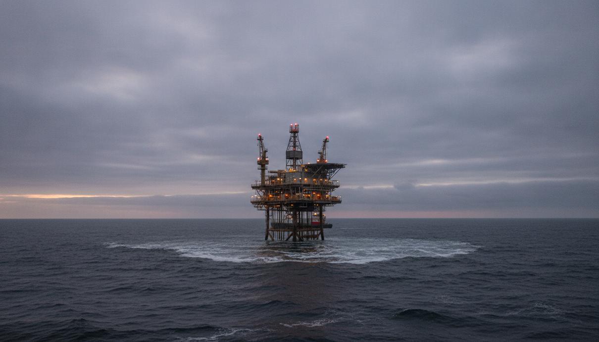 Морская нефтегазовая платформа в Северном море на рассвете при пасмурной погоде.