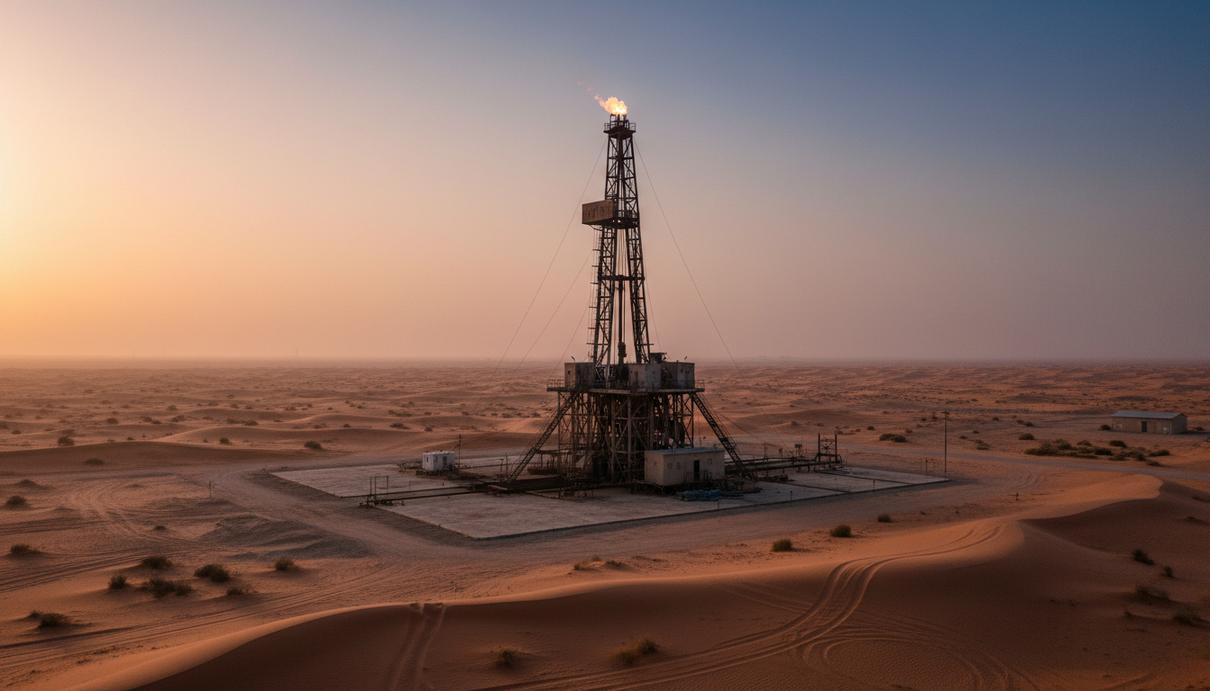 Нефтяная вышка в пустыне Саудовской Аравии на рассвете. Промышленный пейзаж на фоне песчаных дюн.