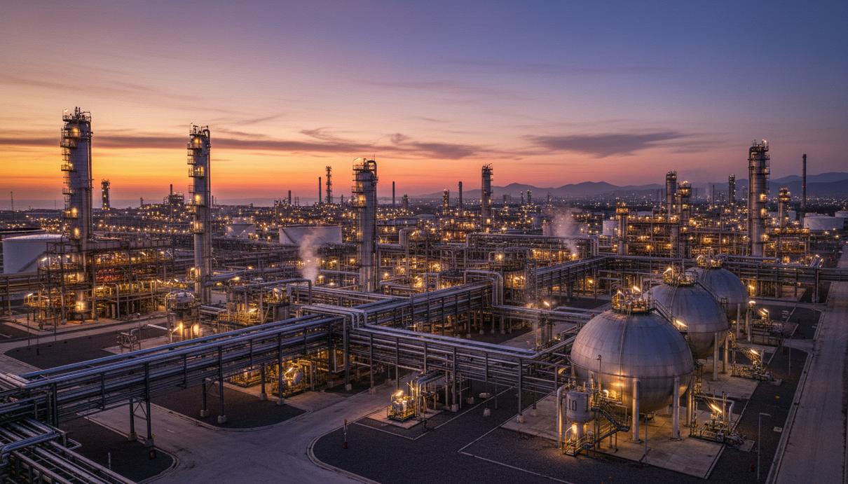 Нефтеперерабатывающий завод в Мексике на закате. Промышленный комплекс с трубами и резервуарами, освещённый огнями.