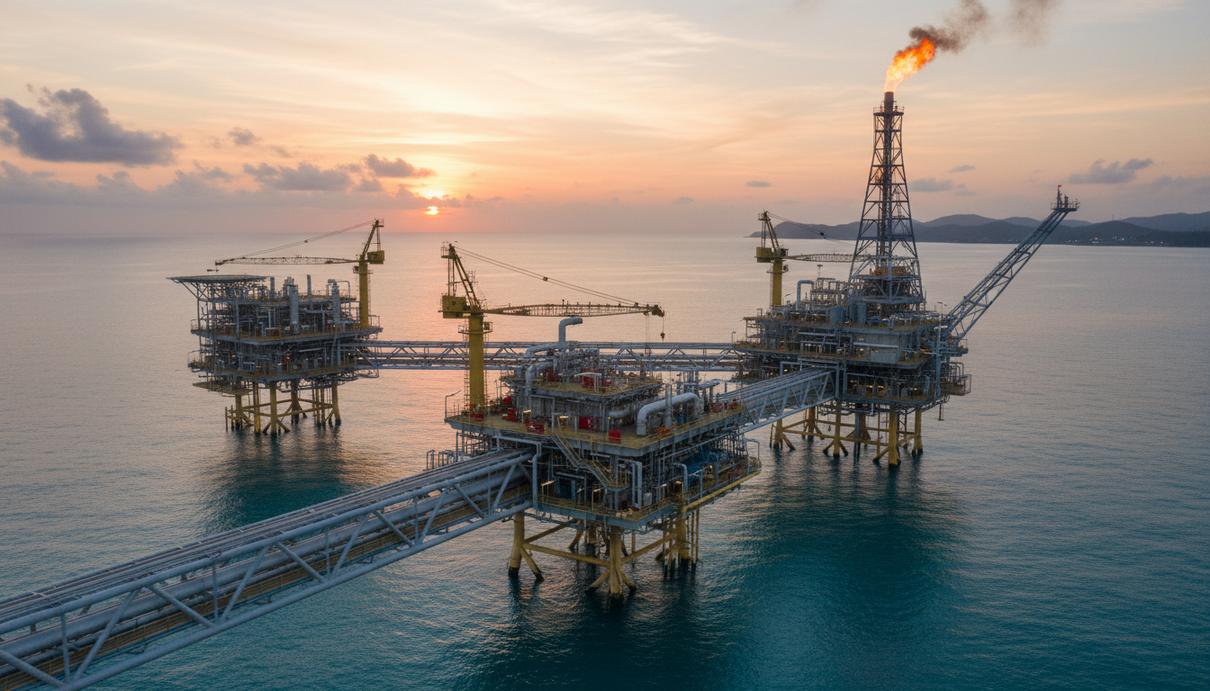 Современная морская платформа по добыче газа в Карибском море у побережья Венесуэлы на рассвете