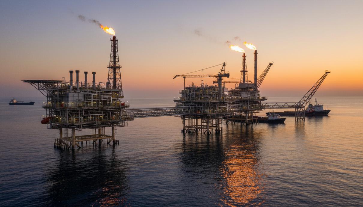 Морская нефтегазовая платформа в Персидском заливе на закате. Промышленный комплекс с трубами и оборудованием в море у побережья Катара.